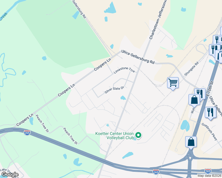 map of restaurants, bars, coffee shops, grocery stores, and more near 4206 Silver Slate Drive in Jeffersonville