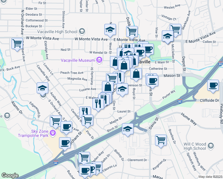 map of restaurants, bars, coffee shops, grocery stores, and more near 530A Merchant Street in Vacaville