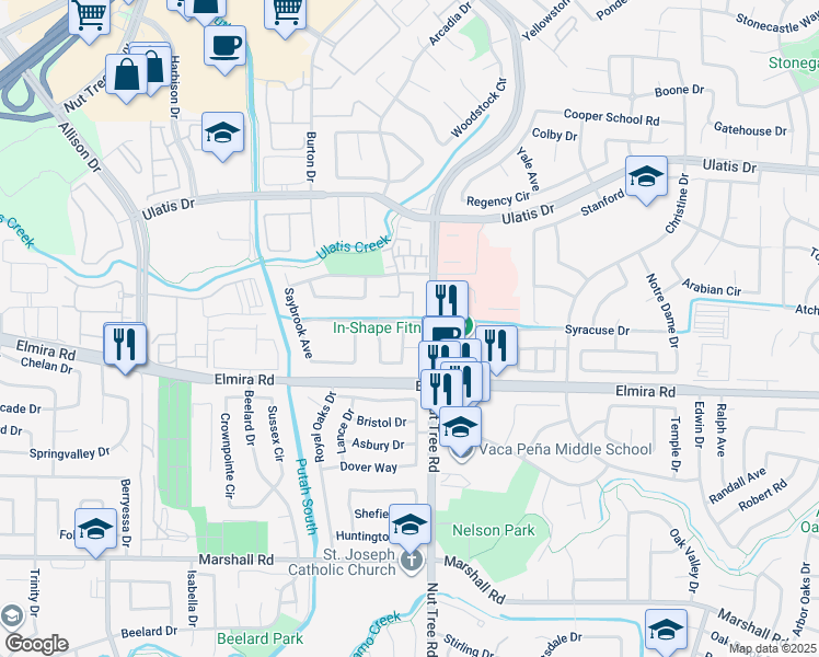 map of restaurants, bars, coffee shops, grocery stores, and more near 118 Portsmouth Avenue in Vacaville