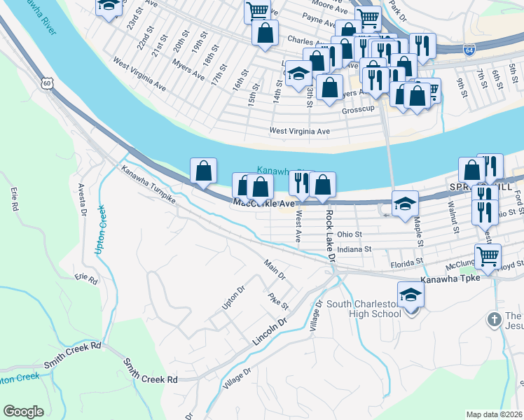 map of restaurants, bars, coffee shops, grocery stores, and more near 5509 MacCorkle Avenue Southwest in South Charleston