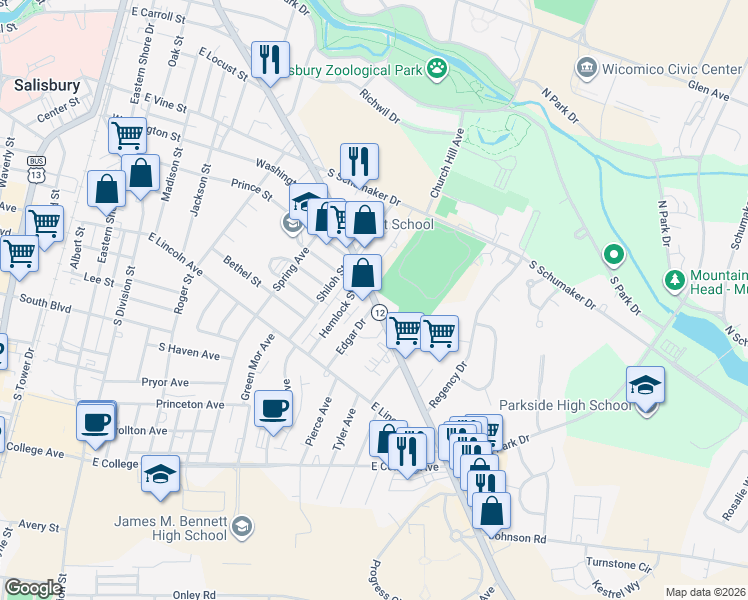 map of restaurants, bars, coffee shops, grocery stores, and more near 721 Snow Hill Road in Salisbury