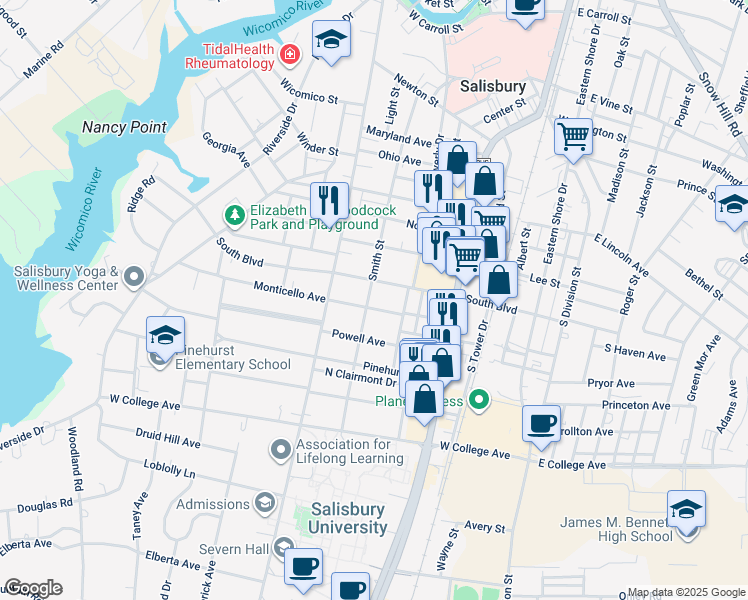map of restaurants, bars, coffee shops, grocery stores, and more near 817 Smith Street in Salisbury