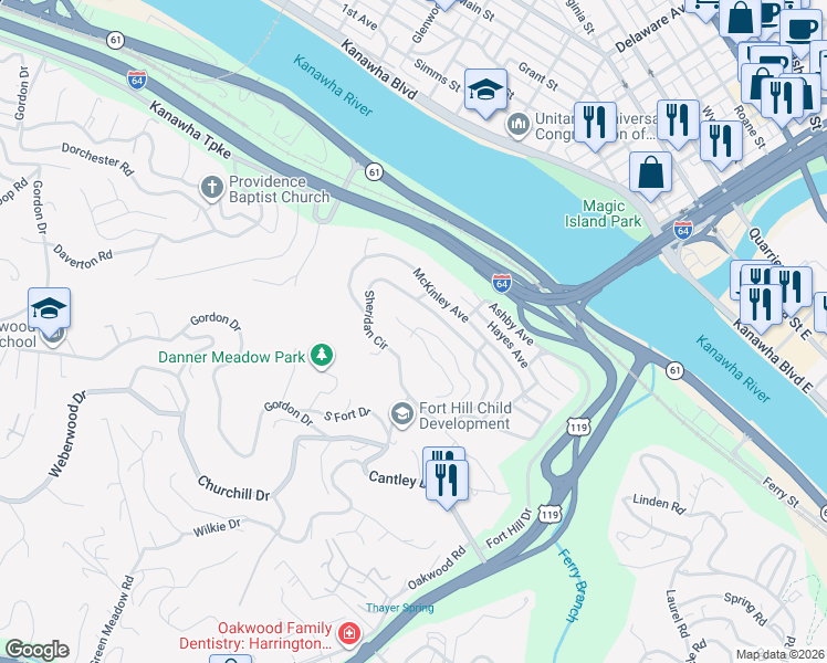 map of restaurants, bars, coffee shops, grocery stores, and more near 164 Mount View Drive in Charleston