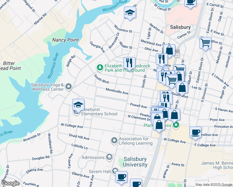 map of restaurants, bars, coffee shops, grocery stores, and more near 414 Monticello Avenue in Salisbury