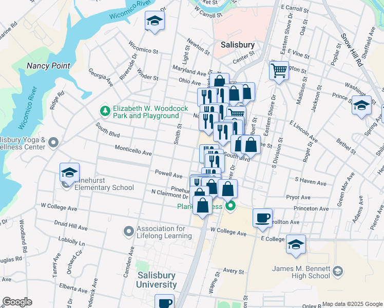 map of restaurants, bars, coffee shops, grocery stores, and more near 803 Hanover Street in Salisbury