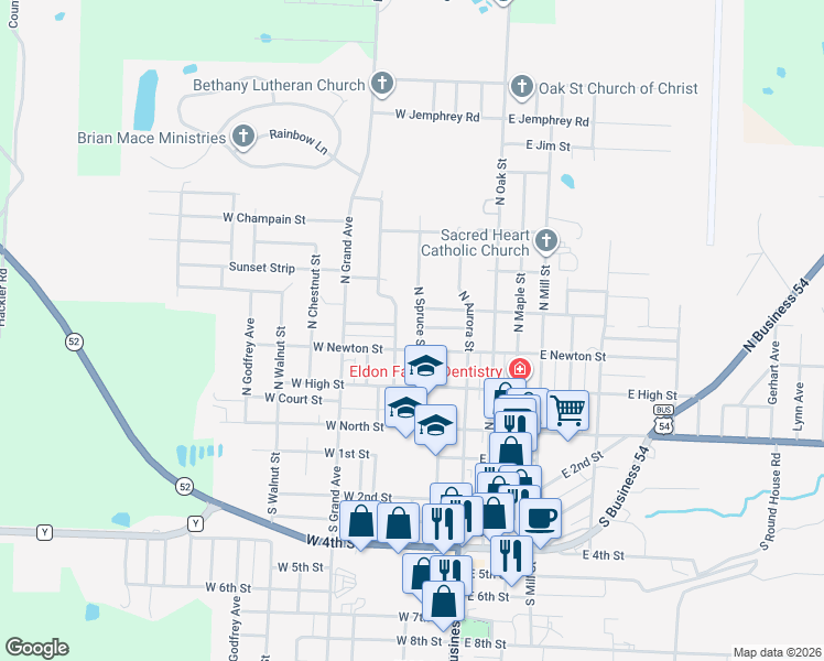 map of restaurants, bars, coffee shops, grocery stores, and more near 303 North Spruce Street in Eldon