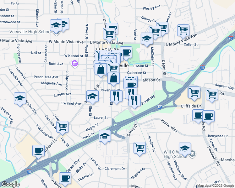 map of restaurants, bars, coffee shops, grocery stores, and more near 513 Elizabeth Street in Vacaville