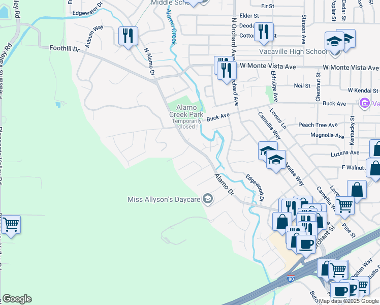 map of restaurants, bars, coffee shops, grocery stores, and more near 500 Spring Lane in Vacaville