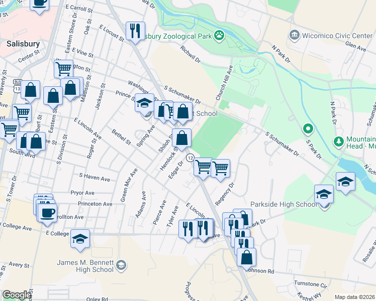 map of restaurants, bars, coffee shops, grocery stores, and more near 721 Snow Hill Road in Salisbury