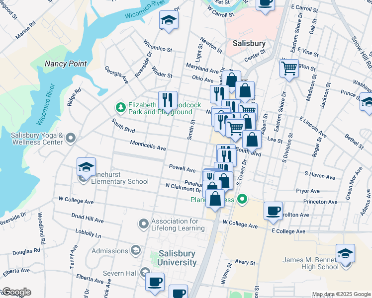 map of restaurants, bars, coffee shops, grocery stores, and more near 817 Smith Street in Salisbury
