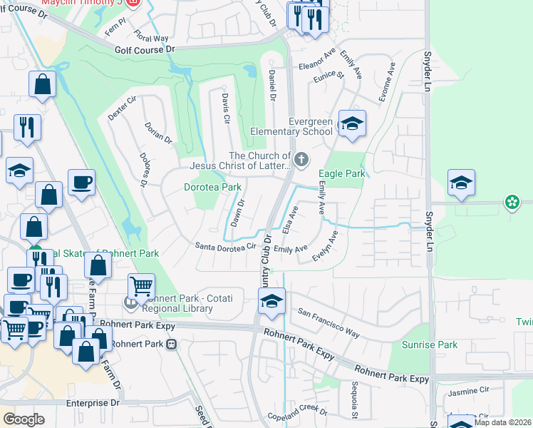 map of restaurants, bars, coffee shops, grocery stores, and more near 6061 Country Club Drive in Rohnert Park