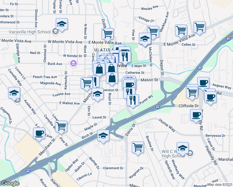 map of restaurants, bars, coffee shops, grocery stores, and more near 512 Elizabeth Street in Vacaville
