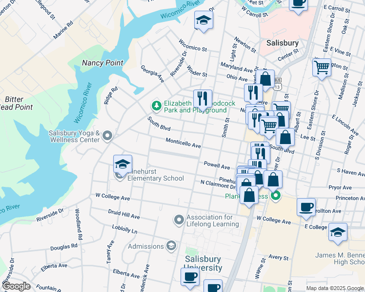 map of restaurants, bars, coffee shops, grocery stores, and more near 414 Monticello Avenue in Salisbury