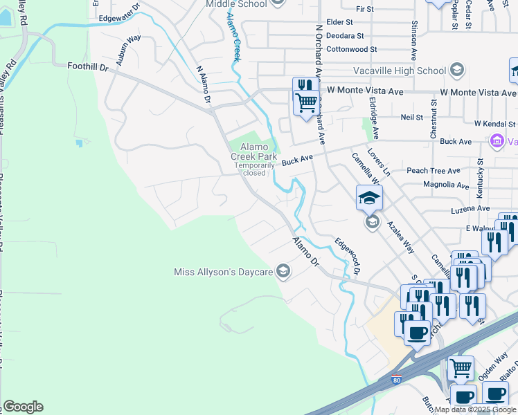 map of restaurants, bars, coffee shops, grocery stores, and more near 500 Spring Lane in Vacaville