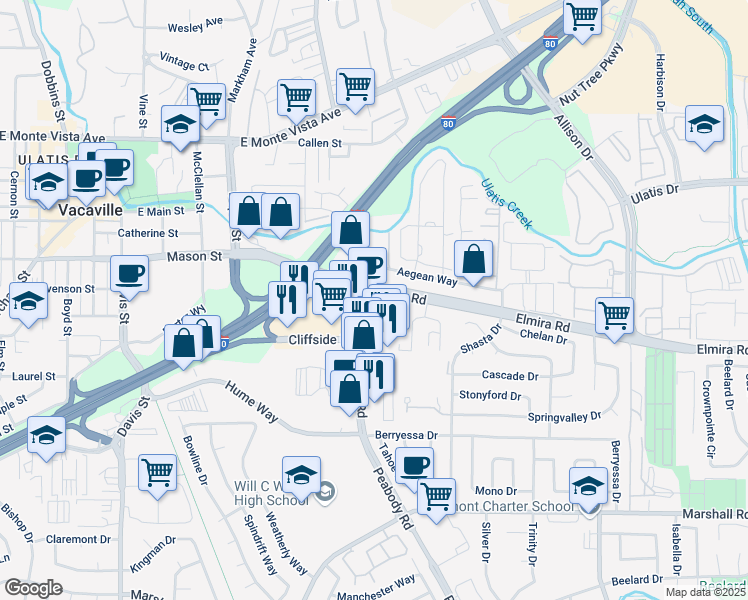 map of restaurants, bars, coffee shops, grocery stores, and more near 101 Peabody Road in Vacaville