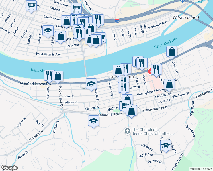 map of restaurants, bars, coffee shops, grocery stores, and more near 5008 Alley in South Charleston
