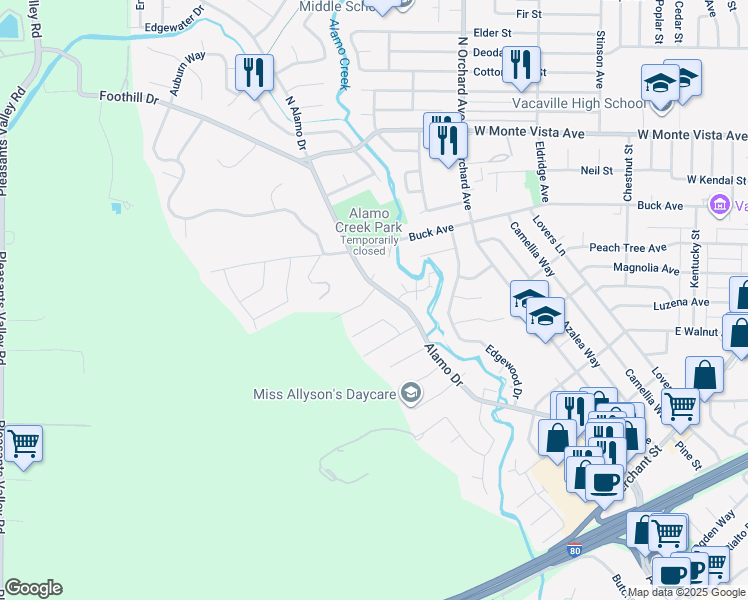 map of restaurants, bars, coffee shops, grocery stores, and more near 500 Spring Lane in Vacaville