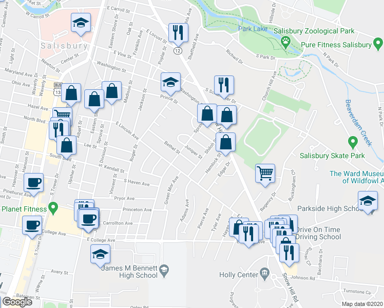 map of restaurants, bars, coffee shops, grocery stores, and more near 506 Juniper Street in Salisbury
