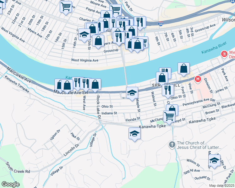 map of restaurants, bars, coffee shops, grocery stores, and more near 5151 Ramp in South Charleston