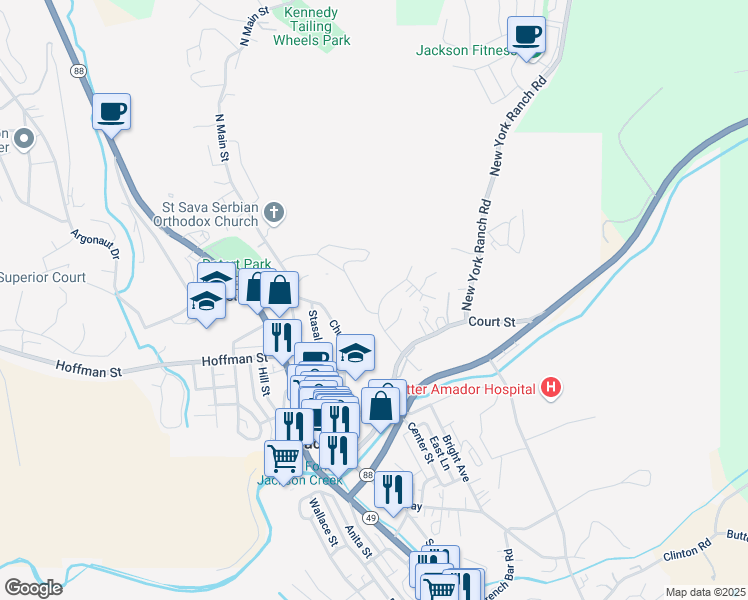 map of restaurants, bars, coffee shops, grocery stores, and more near 155 Placer Drive in Jackson
