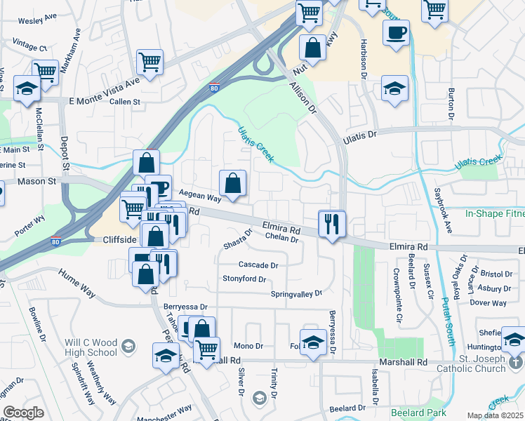 map of restaurants, bars, coffee shops, grocery stores, and more near 220 Aegean Way in Vacaville
