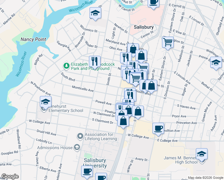 map of restaurants, bars, coffee shops, grocery stores, and more near 817 Smith Street in Salisbury