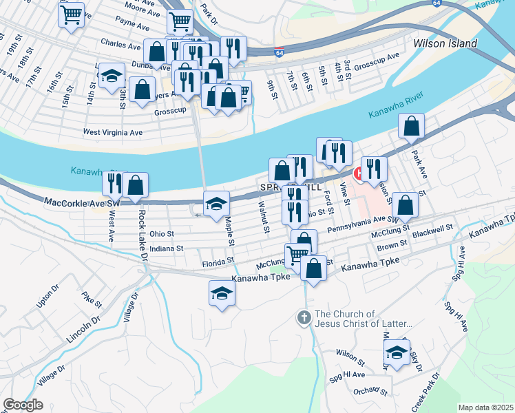 map of restaurants, bars, coffee shops, grocery stores, and more near 5008 Alley in South Charleston