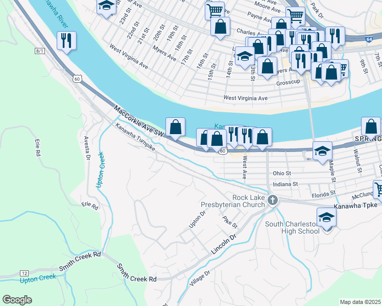 map of restaurants, bars, coffee shops, grocery stores, and more near 5533 1/2 Alley in South Charleston