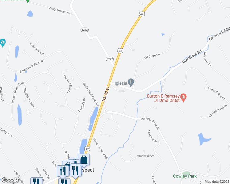 map of restaurants, bars, coffee shops, grocery stores, and more near 7112 Covered Bridge Road in Prospect