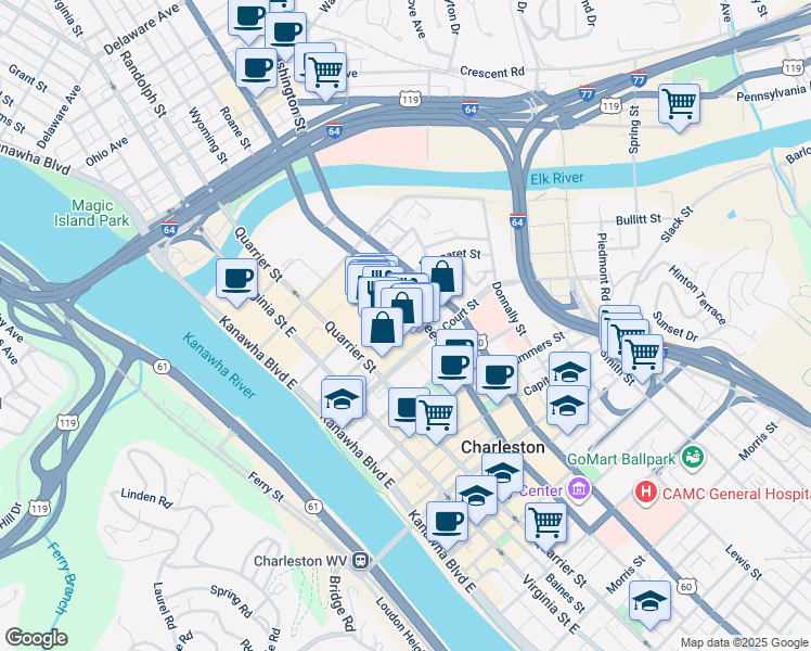 map of restaurants, bars, coffee shops, grocery stores, and more near 101 Charleston Town Center in Charleston