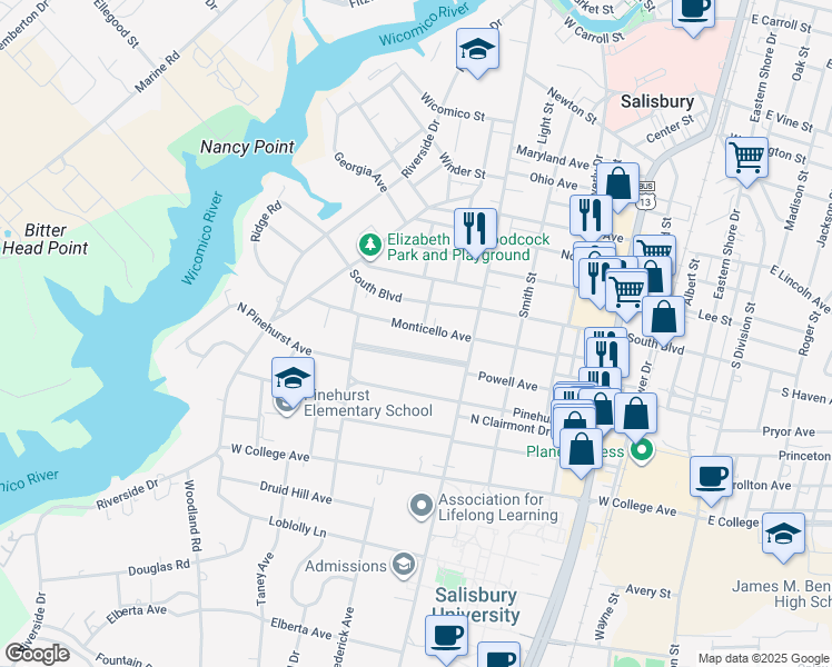 map of restaurants, bars, coffee shops, grocery stores, and more near 418 Monticello Avenue in Salisbury