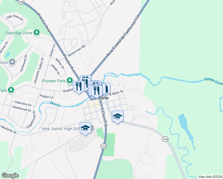 map of restaurants, bars, coffee shops, grocery stores, and more near 20 North Arroyo Seco Street in Ione