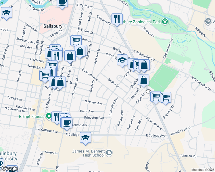 map of restaurants, bars, coffee shops, grocery stores, and more near 427 East Lincoln Avenue in Salisbury