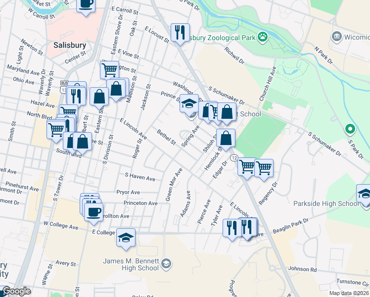 map of restaurants, bars, coffee shops, grocery stores, and more near 503 Bethel Street in Salisbury