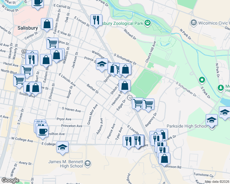 map of restaurants, bars, coffee shops, grocery stores, and more near 712 Hemlock Street in Salisbury