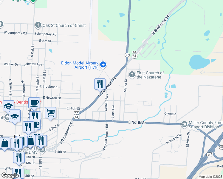 map of restaurants, bars, coffee shops, grocery stores, and more near 999 East Brockman Avenue in Eldon