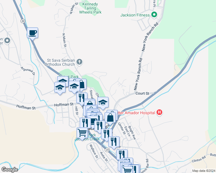 map of restaurants, bars, coffee shops, grocery stores, and more near 155 Placer Drive in Jackson