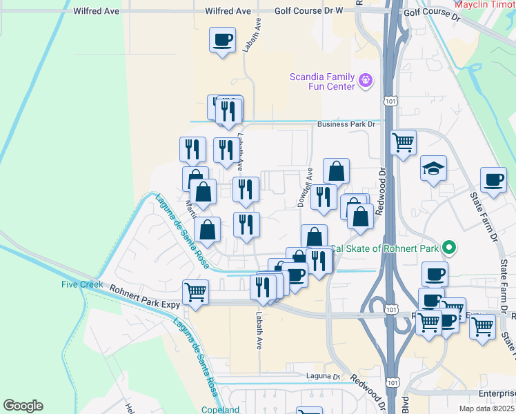 map of restaurants, bars, coffee shops, grocery stores, and more near 5860 Labath Avenue in Rohnert Park