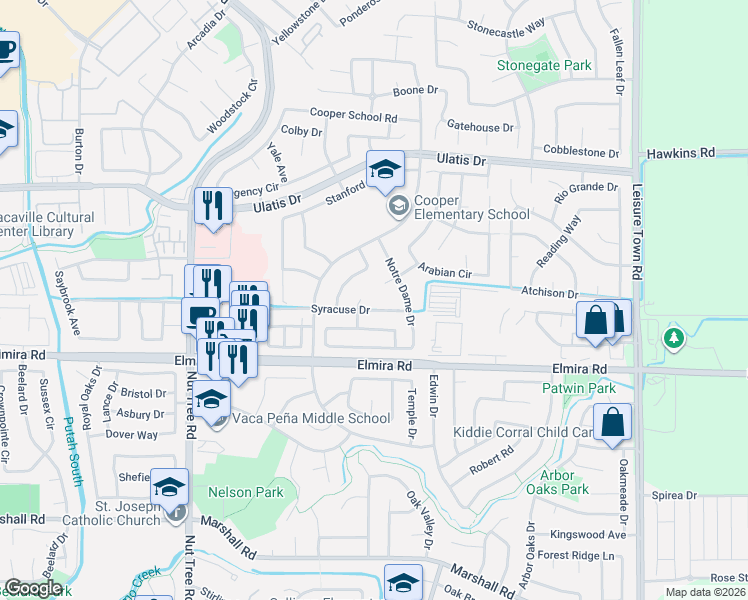 map of restaurants, bars, coffee shops, grocery stores, and more near 101 Cabrillo Court in Vacaville