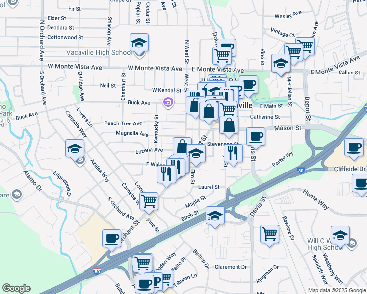 map of restaurants, bars, coffee shops, grocery stores, and more near 530A Merchant Street in Vacaville