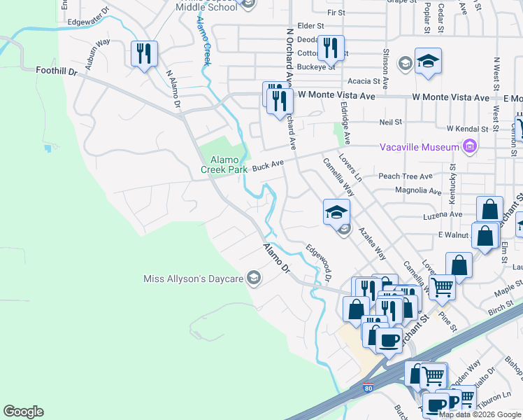 map of restaurants, bars, coffee shops, grocery stores, and more near 351 Alamo Drive in Vacaville