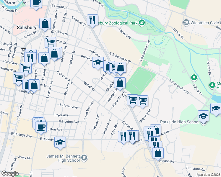 map of restaurants, bars, coffee shops, grocery stores, and more near 712 Hemlock Street in Salisbury