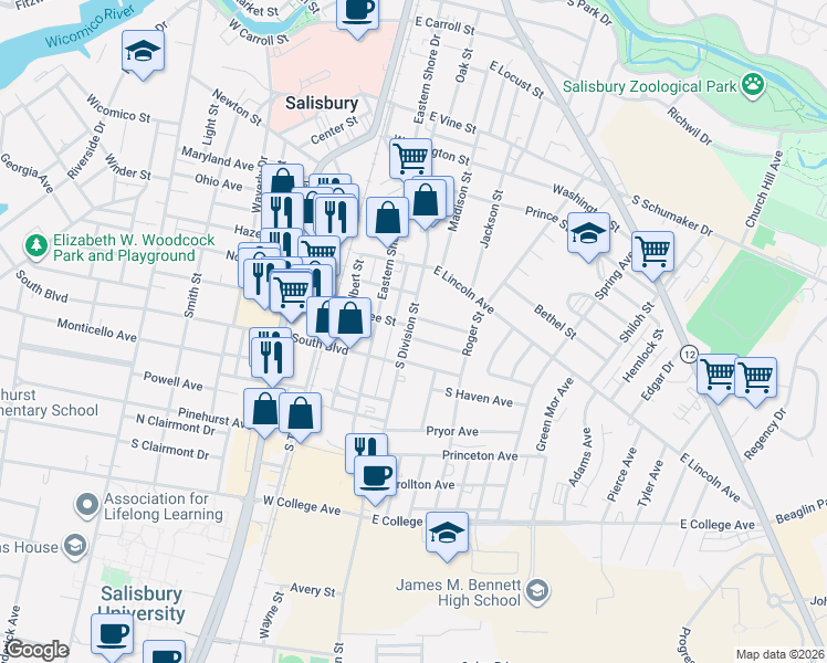 map of restaurants, bars, coffee shops, grocery stores, and more near 105 Van Buren Street in Salisbury
