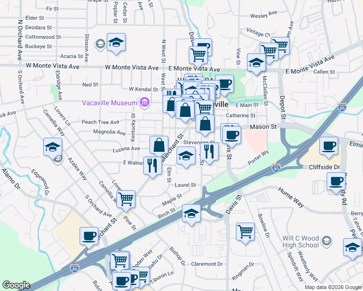 map of restaurants, bars, coffee shops, grocery stores, and more near 206 Stevenson Street in Vacaville
