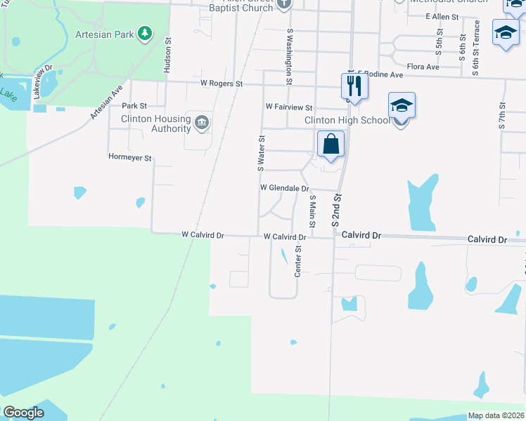 map of restaurants, bars, coffee shops, grocery stores, and more near 1512 South Water Street in Clinton