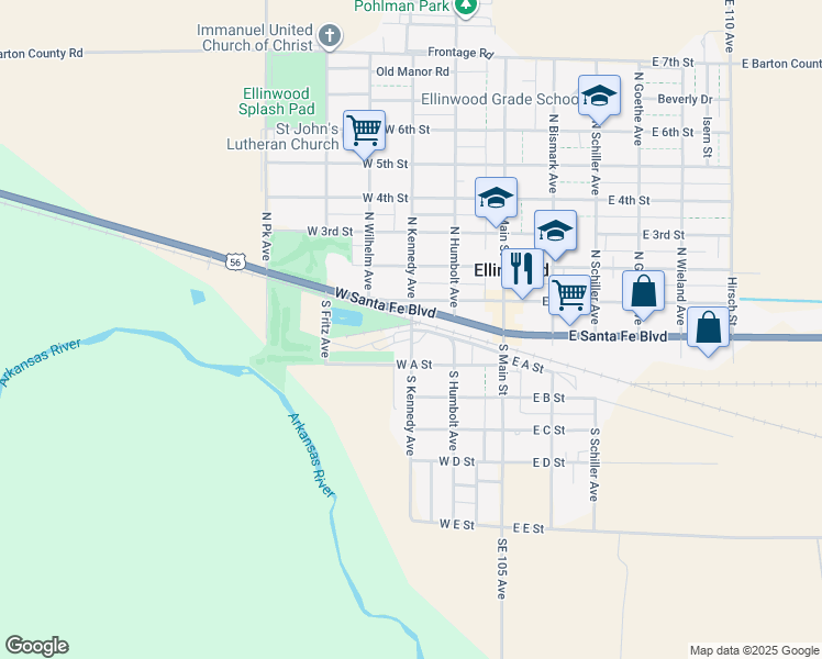 map of restaurants, bars, coffee shops, grocery stores, and more near 101 South Humbolt Avenue in Ellinwood