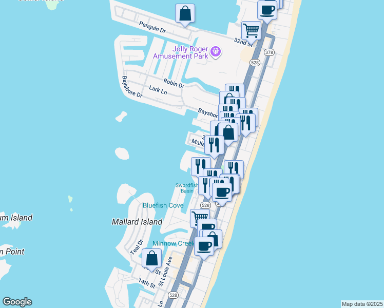 map of restaurants, bars, coffee shops, grocery stores, and more near 2209 Philadelphia Avenue in Ocean City