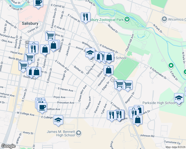 map of restaurants, bars, coffee shops, grocery stores, and more near 509 Juniper Street in Salisbury