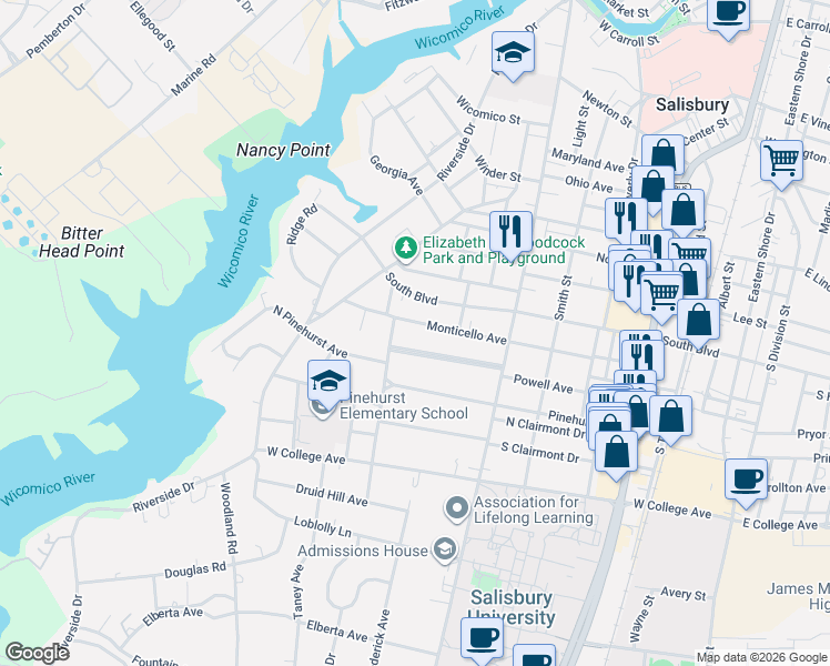 map of restaurants, bars, coffee shops, grocery stores, and more near 425 Forest Lane in Salisbury