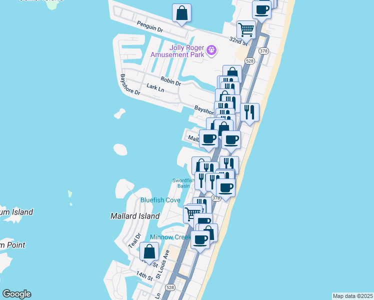 map of restaurants, bars, coffee shops, grocery stores, and more near 2209 Philadelphia Avenue in Ocean City